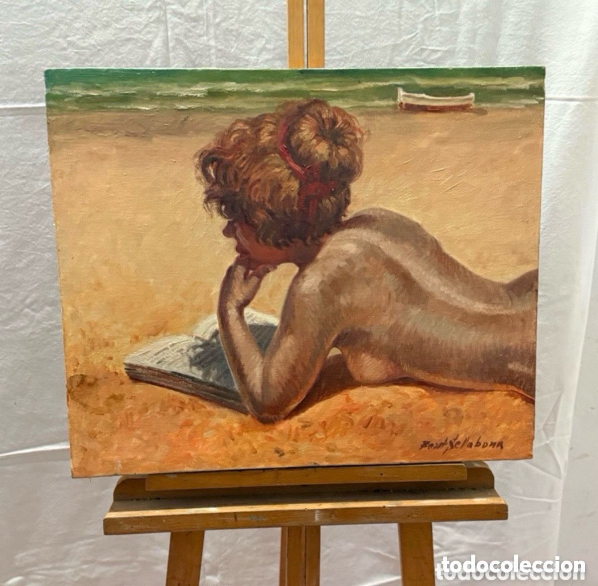 Arte: Josep Font Sellabona &oacute;leo sobre lienzo 1978 desnudo femenino playa Vacaciones