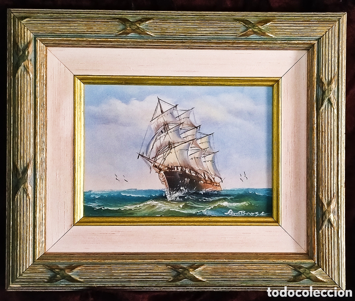 Arte: &Oacute;LEO s.T&Aacute;BLEX / (REALISMO). MARINA; * BARCO VELERO *. FIRMADO: AM BROSE. ENMARCADO