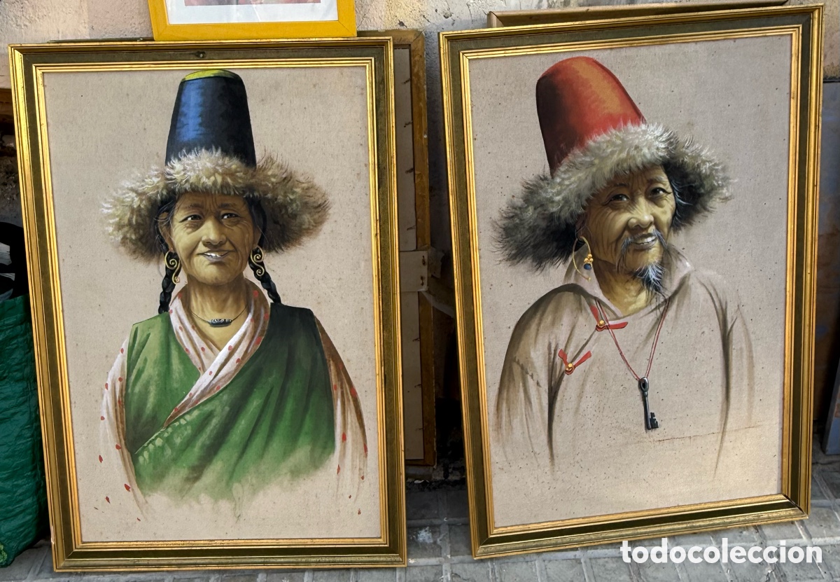 Arte: Bonitos Retratos de mujer y hombre orientaes a&ntilde;os 60 pintados a mano sobre lienzo