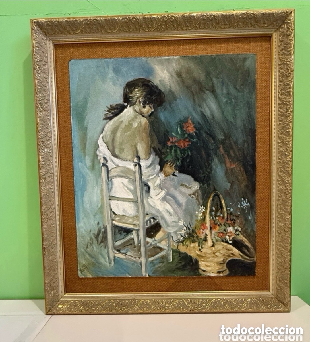 Arte: &Oacute;leo sobre lienzo escena femenina con flores pintura figurativa siglo XX firmada.
