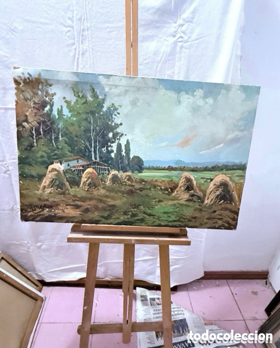 Arte: &Oacute;leo sobre lienzo patio con jard&iacute;n у casa mediterr&aacute;nea. Firmado Villarejo. 73X50