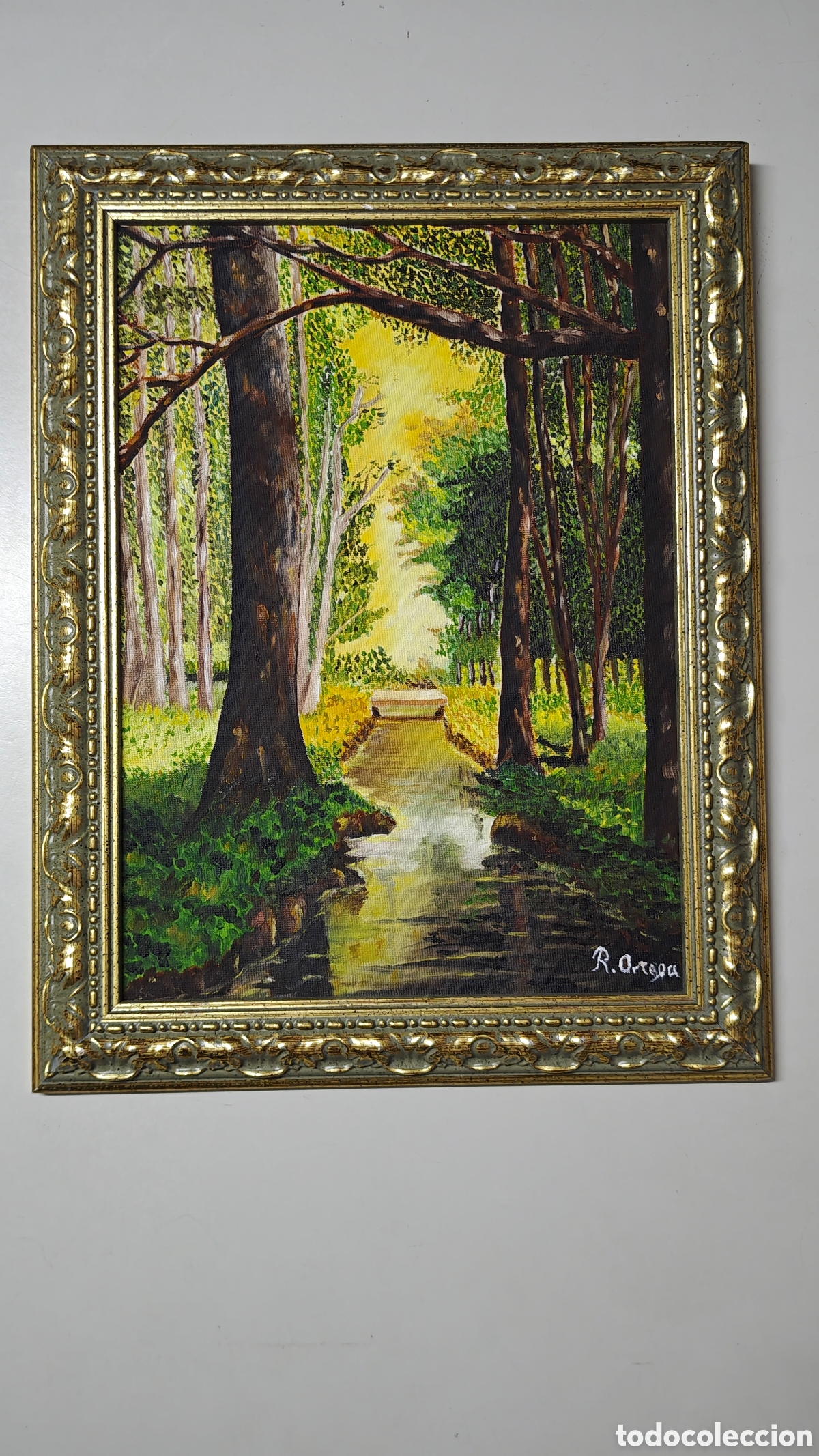 Arte: &Oacute;leo sobre t&aacute;blex entelado - Paisaje de bosque con riachuelo - Firmado R. Ortega - Con marco