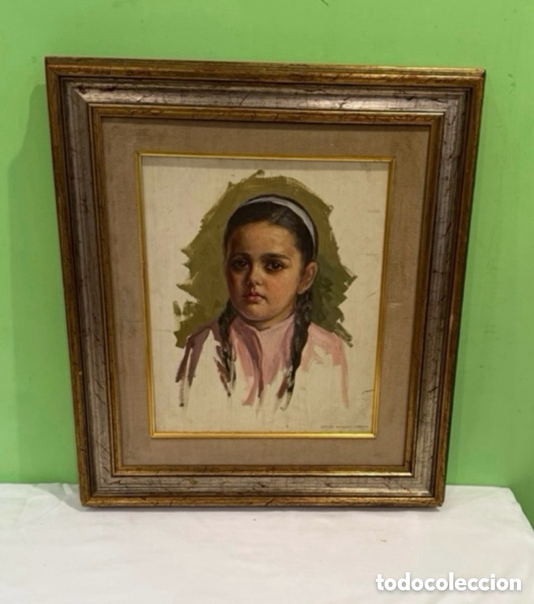 Arte: Arturo Mart&iacute;nez Cabezas (Valencia 1899) retrato de ni&ntilde;a &oacute;leo sobre tablex firmado pintura original.