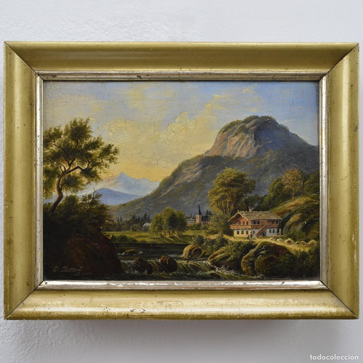Arte: 19th Century Victorian Romantic Landscape Alpine Idyll Oil Wooden Panel Signed