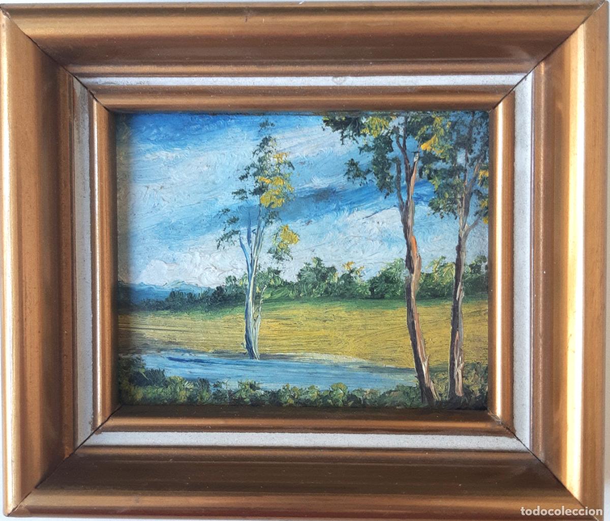 Arte: TABLEAUTIN (CUADRO MINIATURA): PAISAJE CON R&Iacute;O Y &Aacute;RBOLES &Oacute;LEO SOBRE CART&Oacute;N, SIGLO XIX