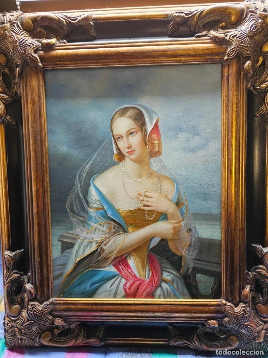 Arte: Oleo sobre Tabla de H.Watson (Inglaterra) Bella dama posando en el mar,Siglo XIX