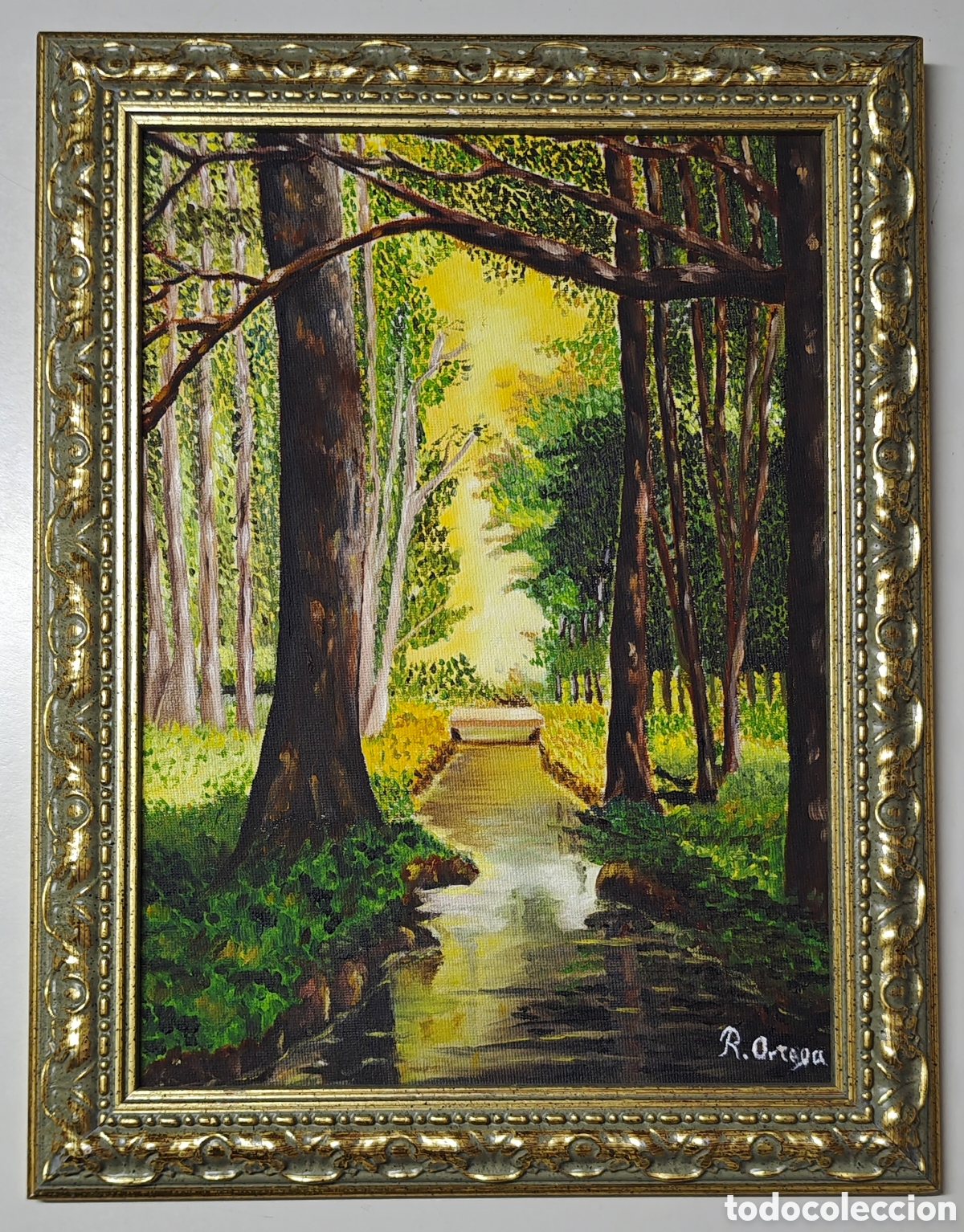 Arte: &Oacute;leo sobre t&aacute;blex entelado - Paisaje de bosque con riachuelo - Firmado R. Ortega - Con marco