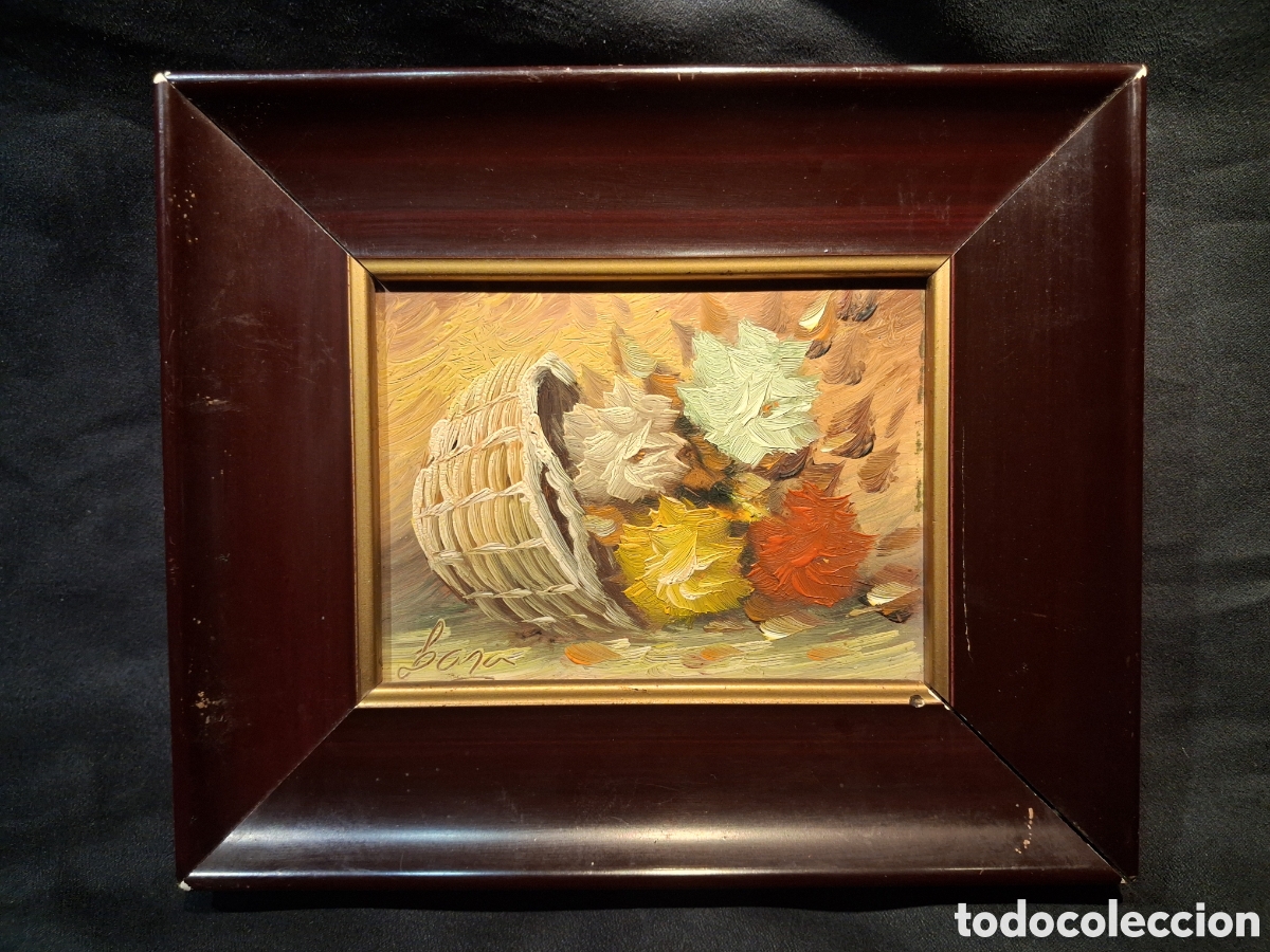 Arte: &Oacute;LEO SOBRE TABLA FIRMADO LARA. PEQUE&Ntilde;O BODEG&Oacute;N FLORAL. 20 X 16,5 CM CON MARCO