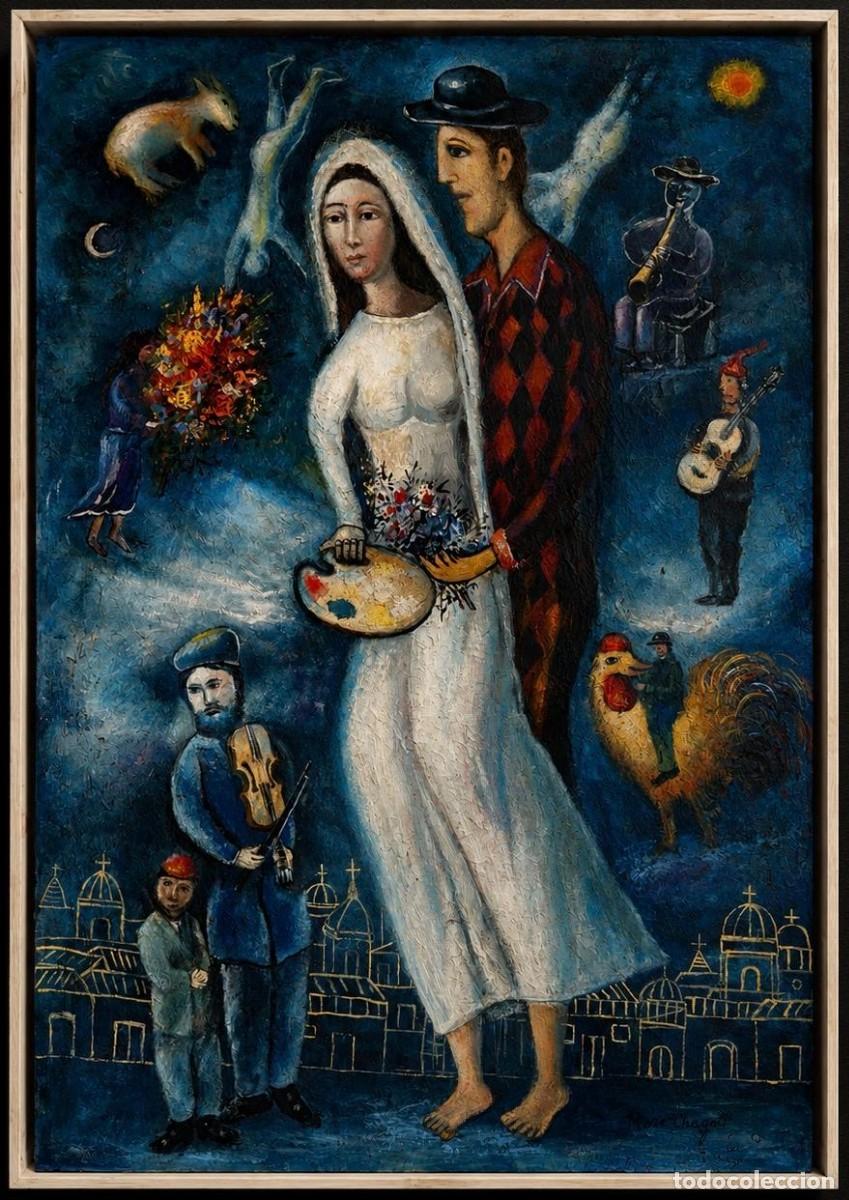 Arte: Asombroso Marc Chagall &oacute;leo sobre lienzo con marco - 23,6&rdquo; x 33,9&rdquo;