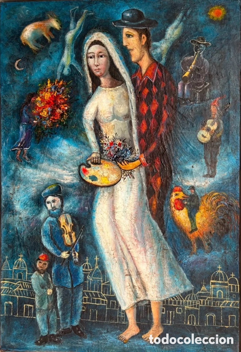 Arte: Asombroso Marc Chagall &oacute;leo sobre lienzo con marco - 23,6&rdquo; x 33,9&rdquo;