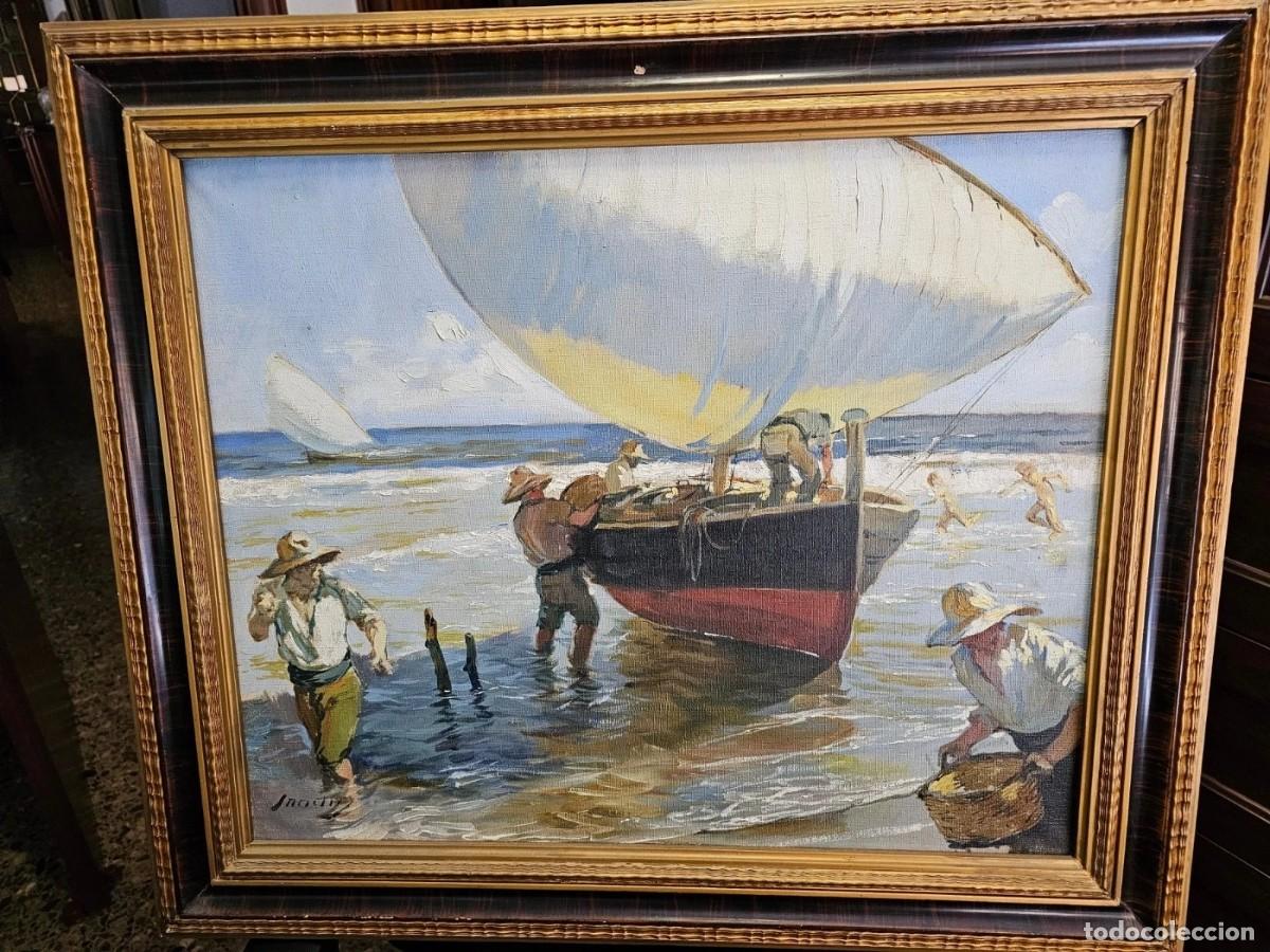 Arte: Oleo sober Tela de Francisco Paya Sanchis, Barcas en la Playa de Valencia