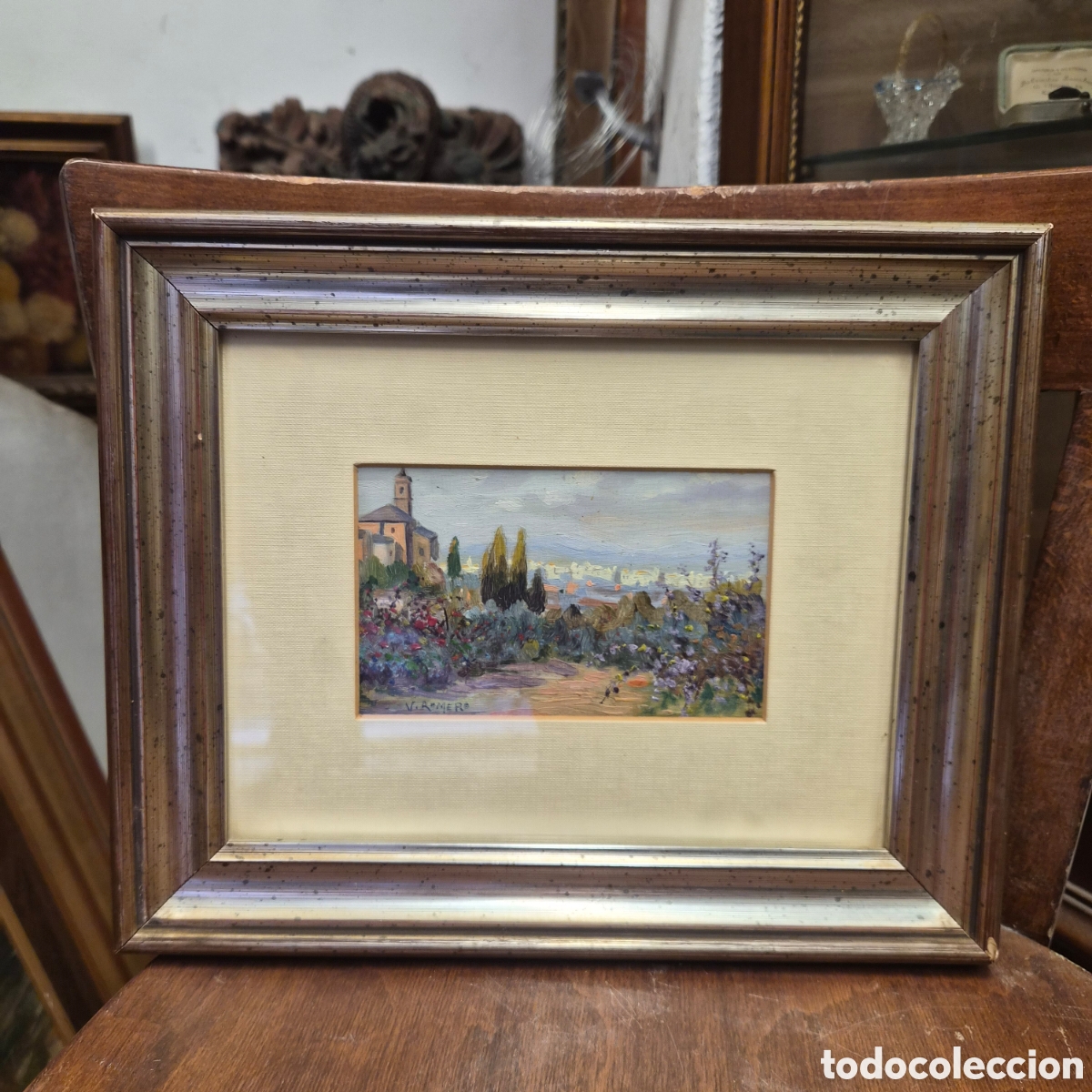 Arte: &Oacute;leo sobre tabla Vicente Romero paisaje enmarcado con cristal