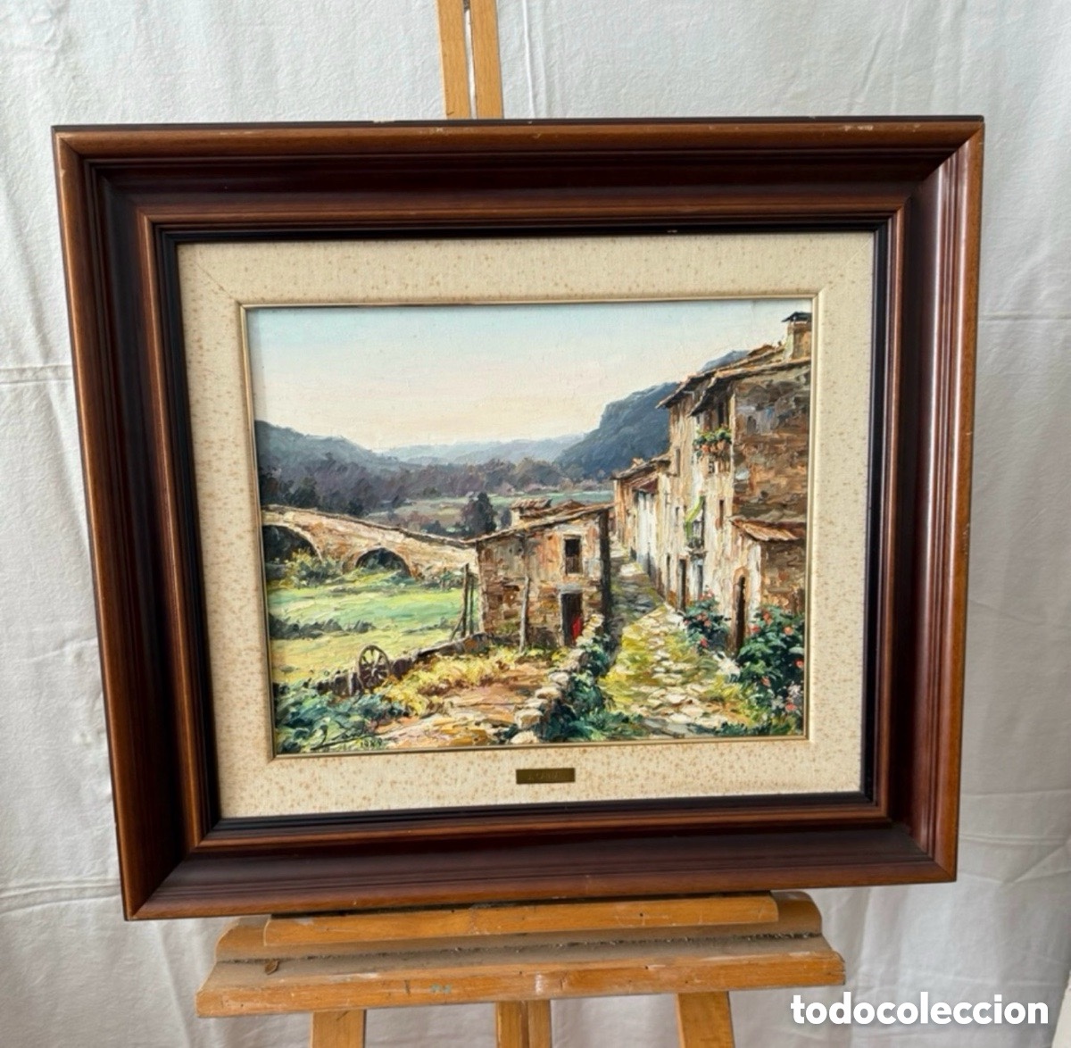 Arte: Joan Cantal paisaje de pueblo &oacute;leo sobre lienzo firmado y enmarcado escuela catalana