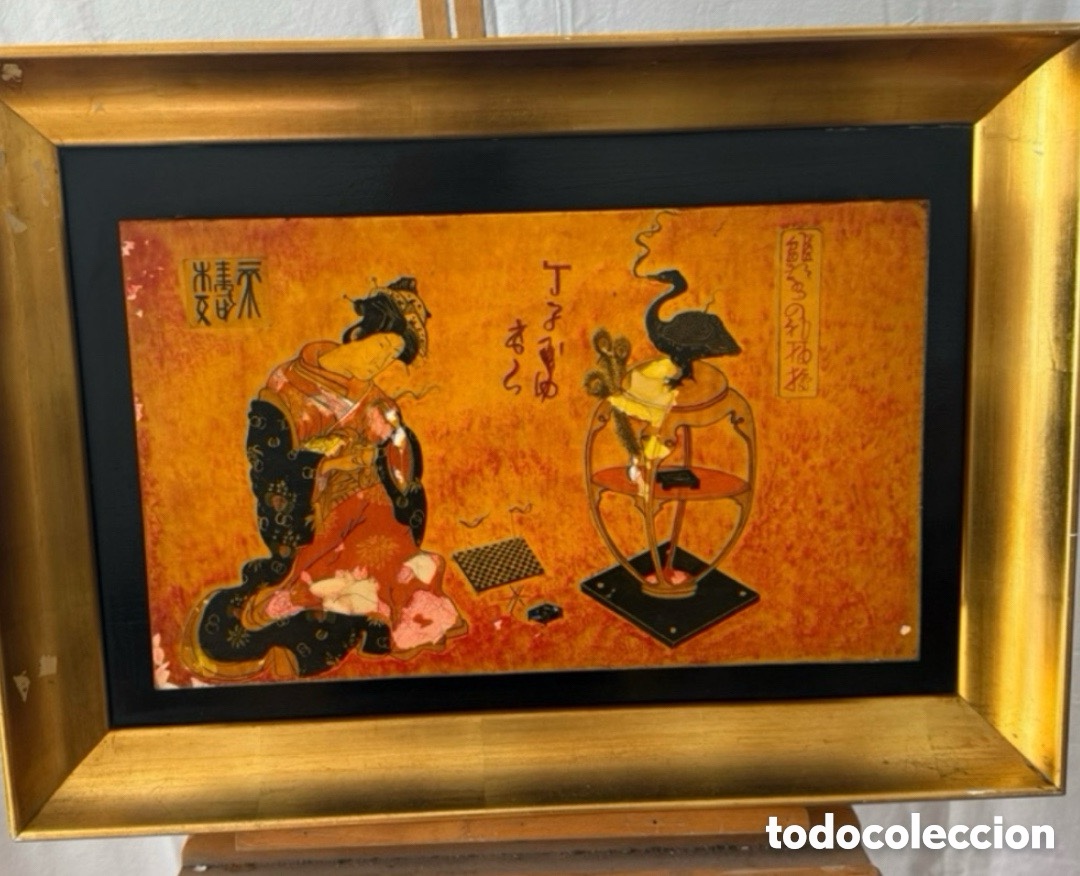Arte: &Oacute;leo sobre tablex oriental firmado geisha y grulla firmado.