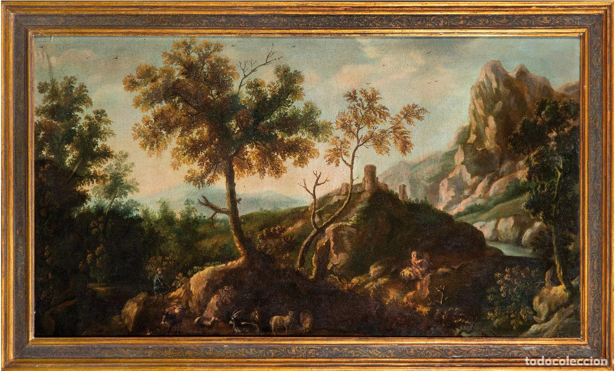Arte: Paisaje con pastores &oacute;leo sobre lienzo copia del original de Ignacio de Iriarte principios siglo XX