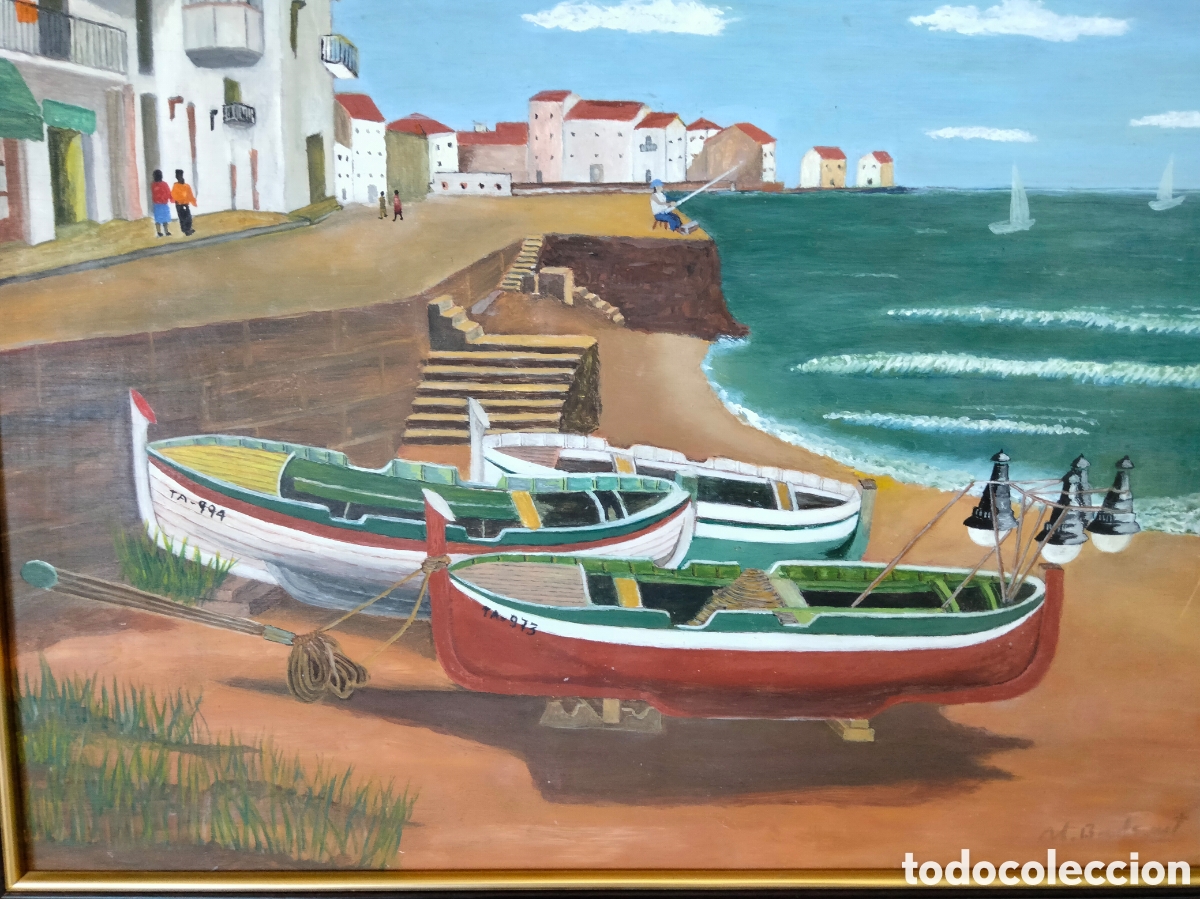 Arte: &Oacute;LEO SOBRE TABLA DE PUEBLO PESQUERO Y BARCAS
