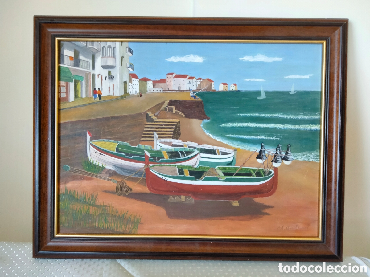 Arte: &Oacute;LEO SOBRE TABLA DE PUEBLO PESQUERO Y BARCAS