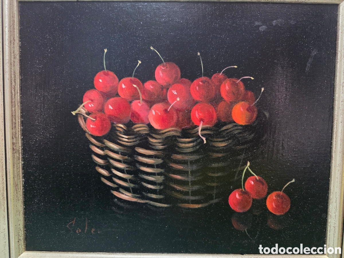 Arte: Bodeg&oacute;n &oacute;leo sobre lienzo de cesta con cerezas de Soler - Foto 2