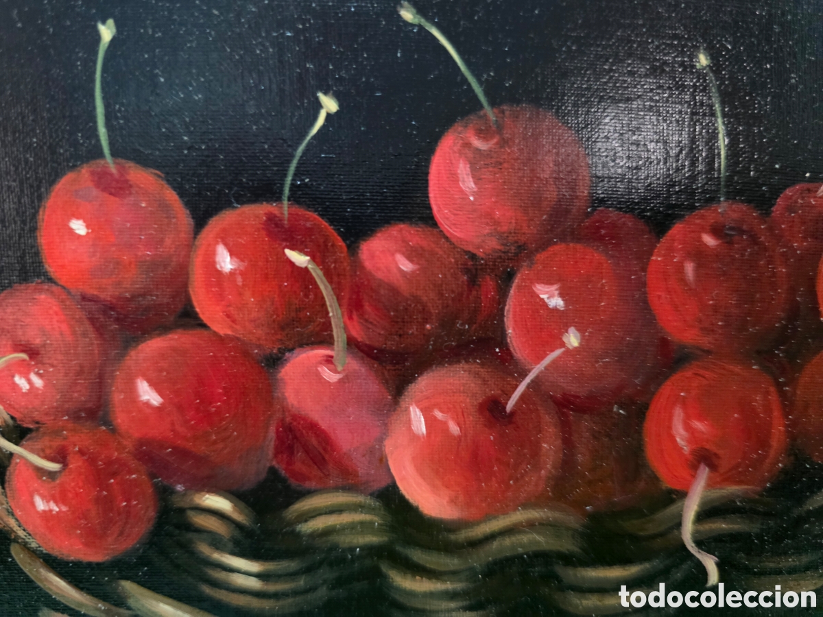 Arte: Bodeg&oacute;n &oacute;leo sobre lienzo de cesta con cerezas de Soler - Foto 4