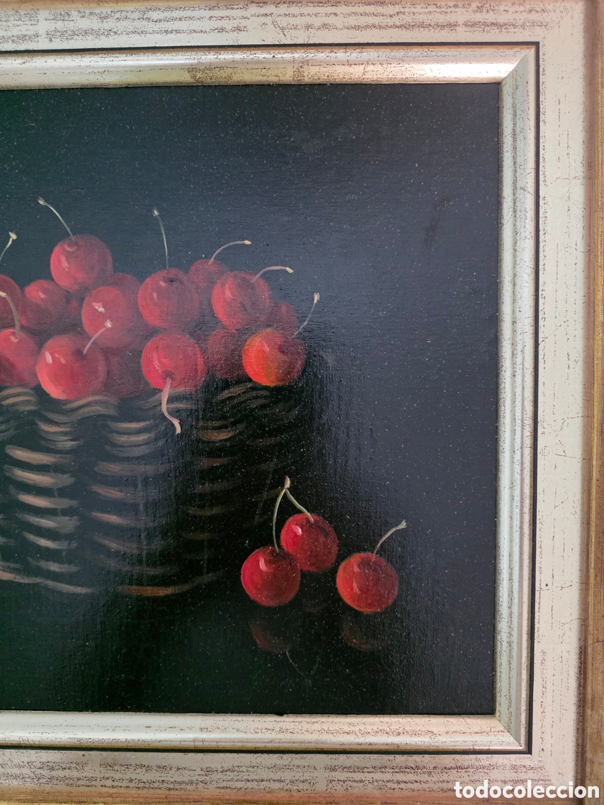 Arte: Bodeg&oacute;n &oacute;leo sobre lienzo de cesta con cerezas de Soler - Foto 5