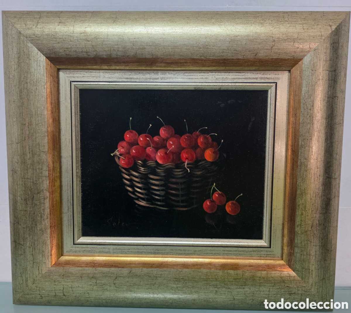 Arte: Bodeg&oacute;n &oacute;leo sobre lienzo de cesta con cerezas de Soler - Foto 1