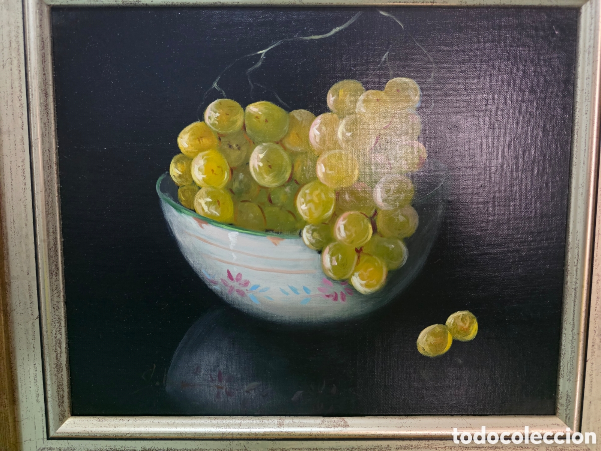 Arte: Bodeg&oacute;n &oacute;leo sobre lienzo de cuenco con uvas de Soler - Foto 2