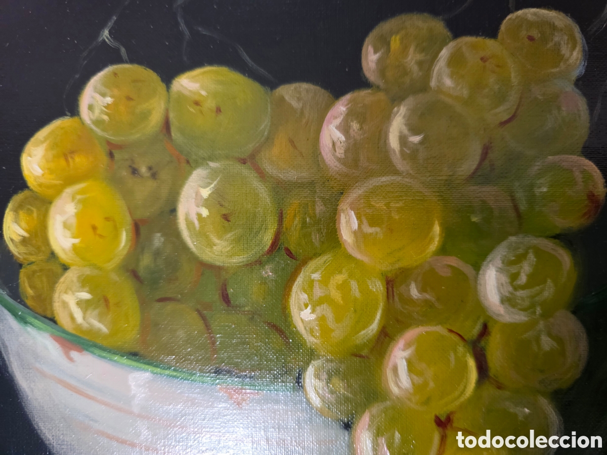 Arte: Bodeg&oacute;n &oacute;leo sobre lienzo de cuenco con uvas de Soler - Foto 6