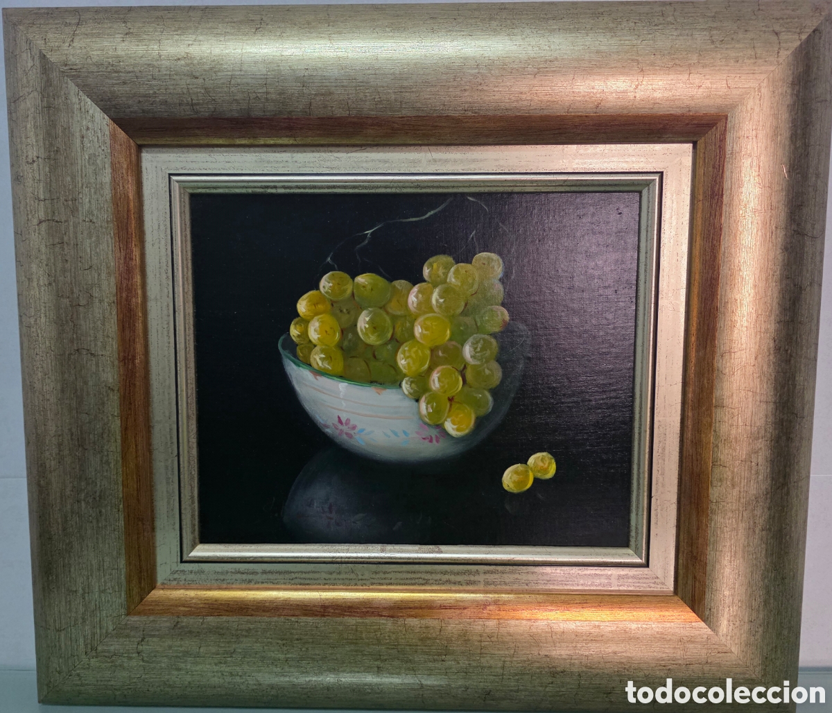 Arte: Bodeg&oacute;n &oacute;leo sobre lienzo de cuenco con uvas de Soler - Foto 1