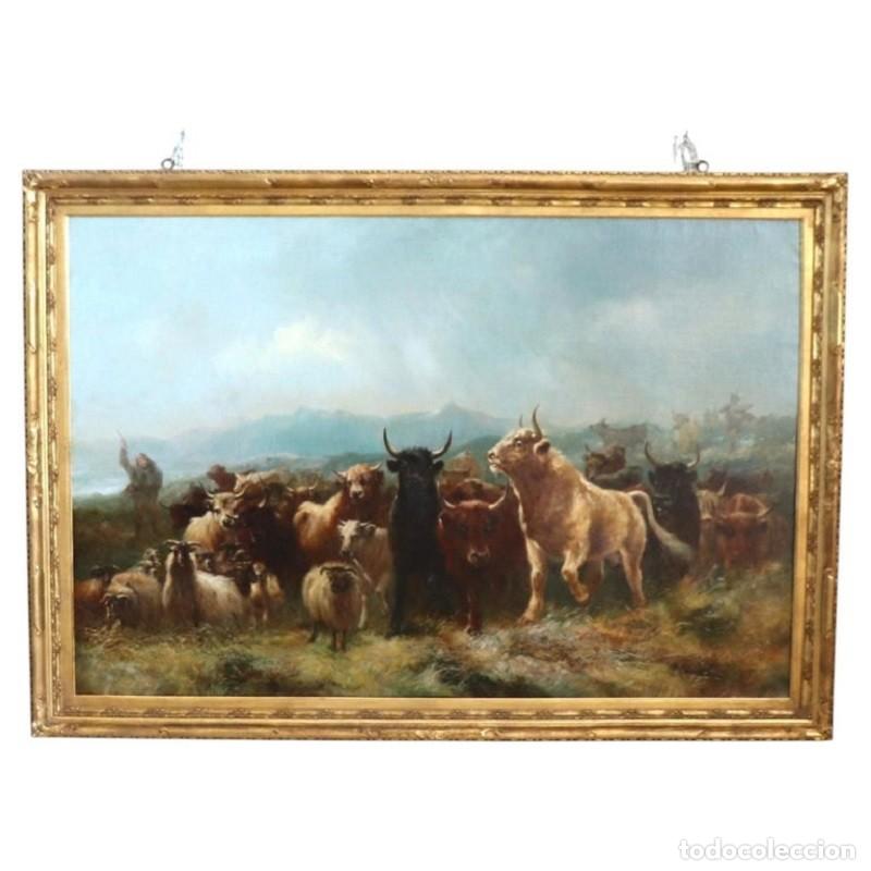 Arte: Gran pintura al &oacute;leo sobre lienzo, Reba&ntilde;o de ganado, firmada por Watson W., siglo XIX