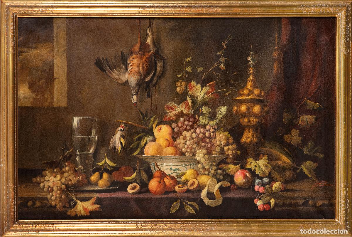 Arte: Bodeg&oacute;n de frutas y ave &oacute;leo sobre lienzo Jos&eacute; Martorell Puigdom&egrave;nech primera mitad del siglo XX