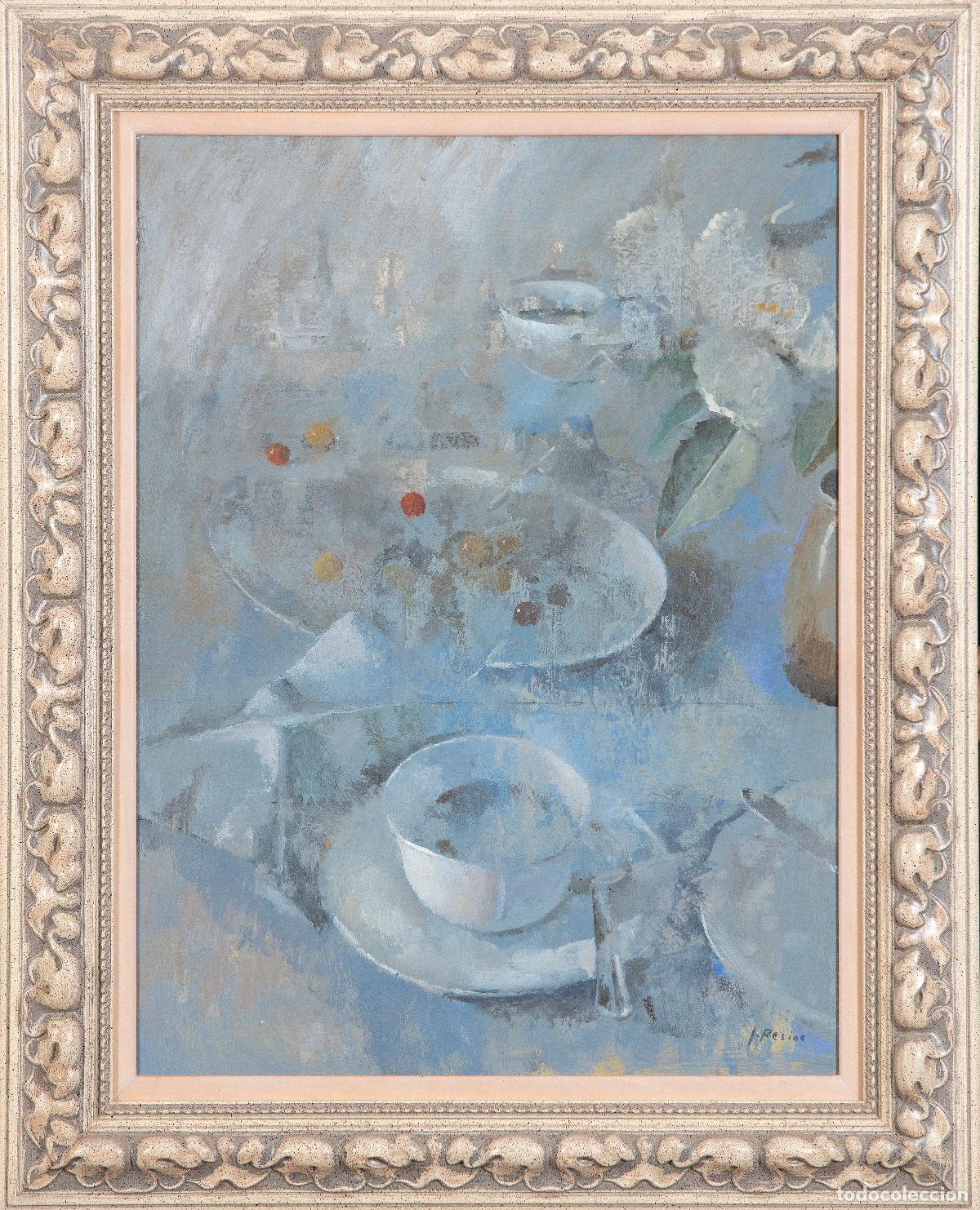 Arte: Mesa con desayuno en azules &oacute;leo sobre lienzo realista Jos&eacute; Luis Resino finales del siglo XX