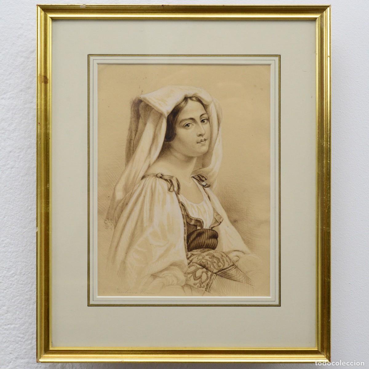 Arte: 19th Century Romantic Portrait Young Woman Folk Dress Mixed Media Paper Framed