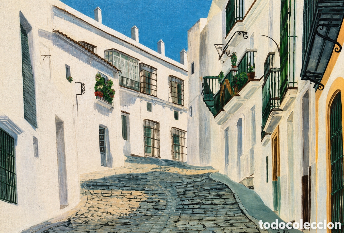 Kunst: &Oacute;leo sobre lienzo &rdquo;Calle andaluza&rdquo; firmado A. Reguera (1981)