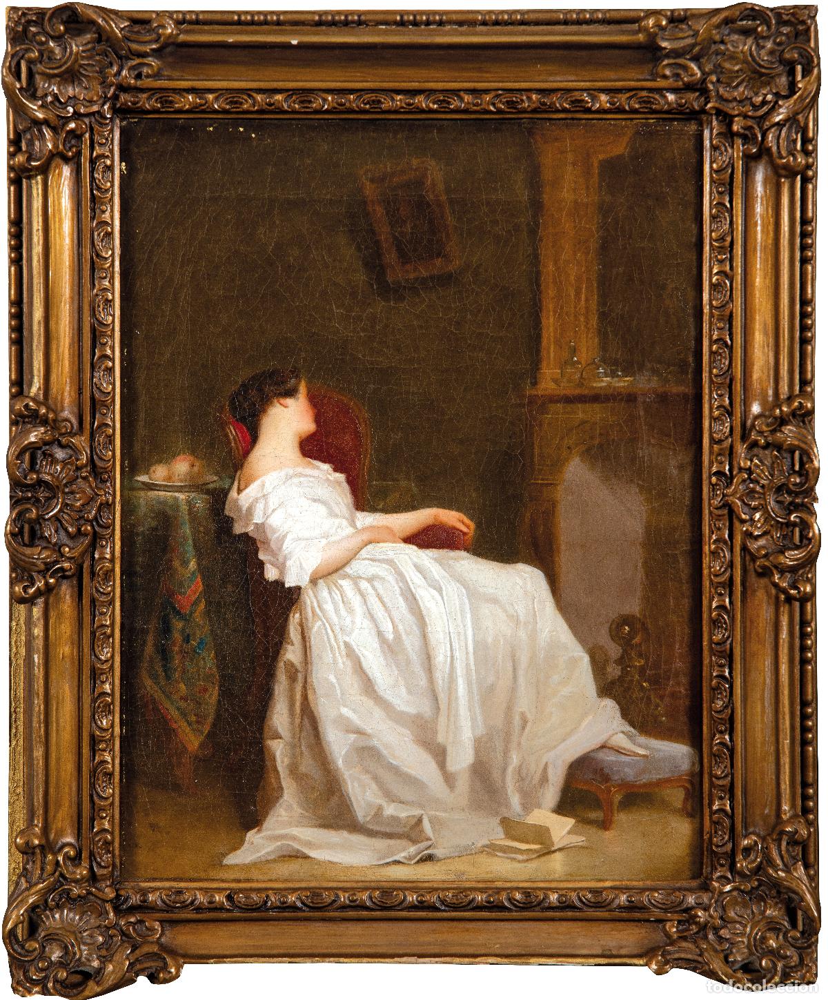 Arte: Dama de blanco descansando &oacute;leo sobre lienzo escuela espa&ntilde;ola c&iacute;rculo de los Madrazo siglo XIX