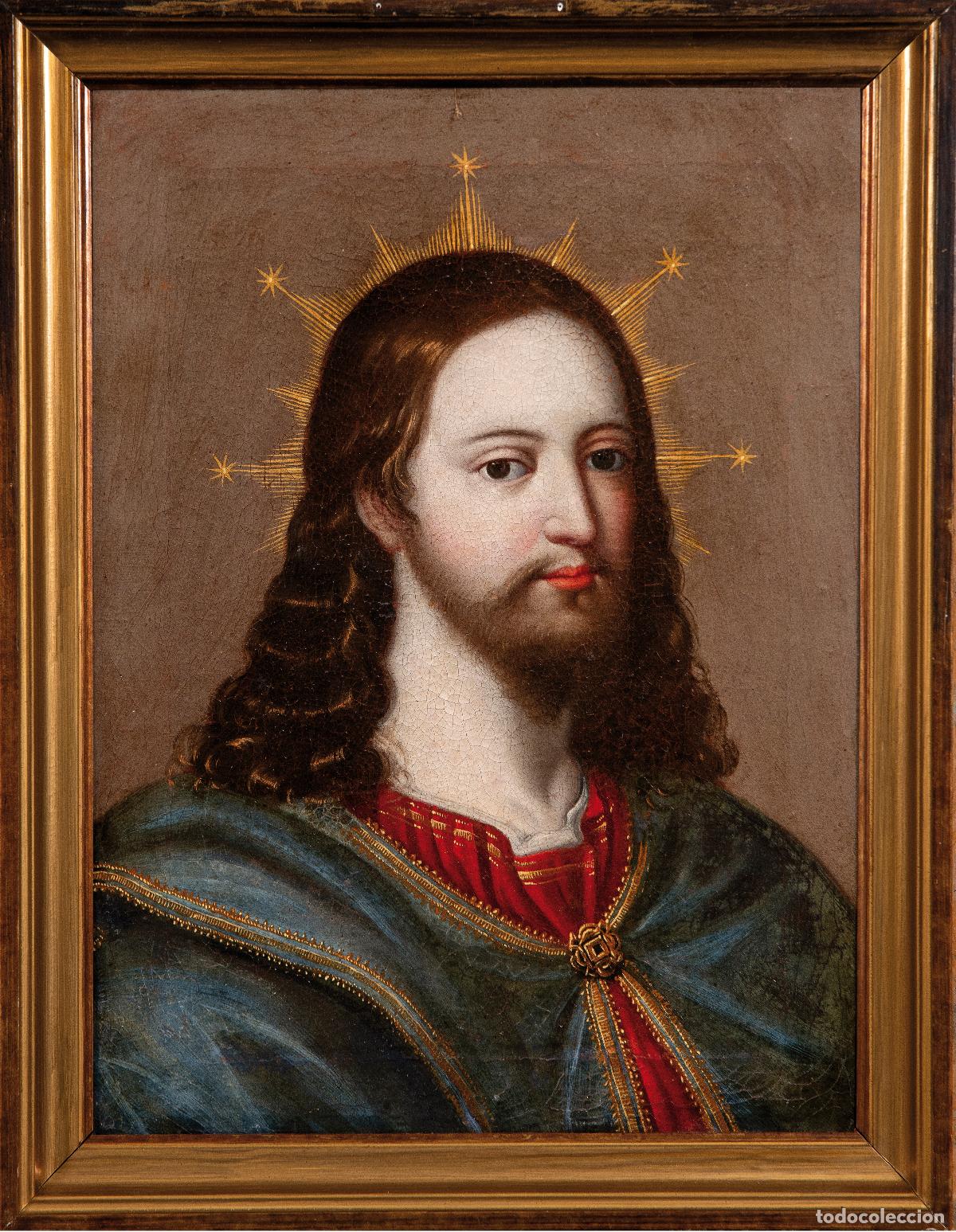Arte: Cristo Salvator Mundi &oacute;leo sobre lienzo escuela virreinal principios del siglo XVII