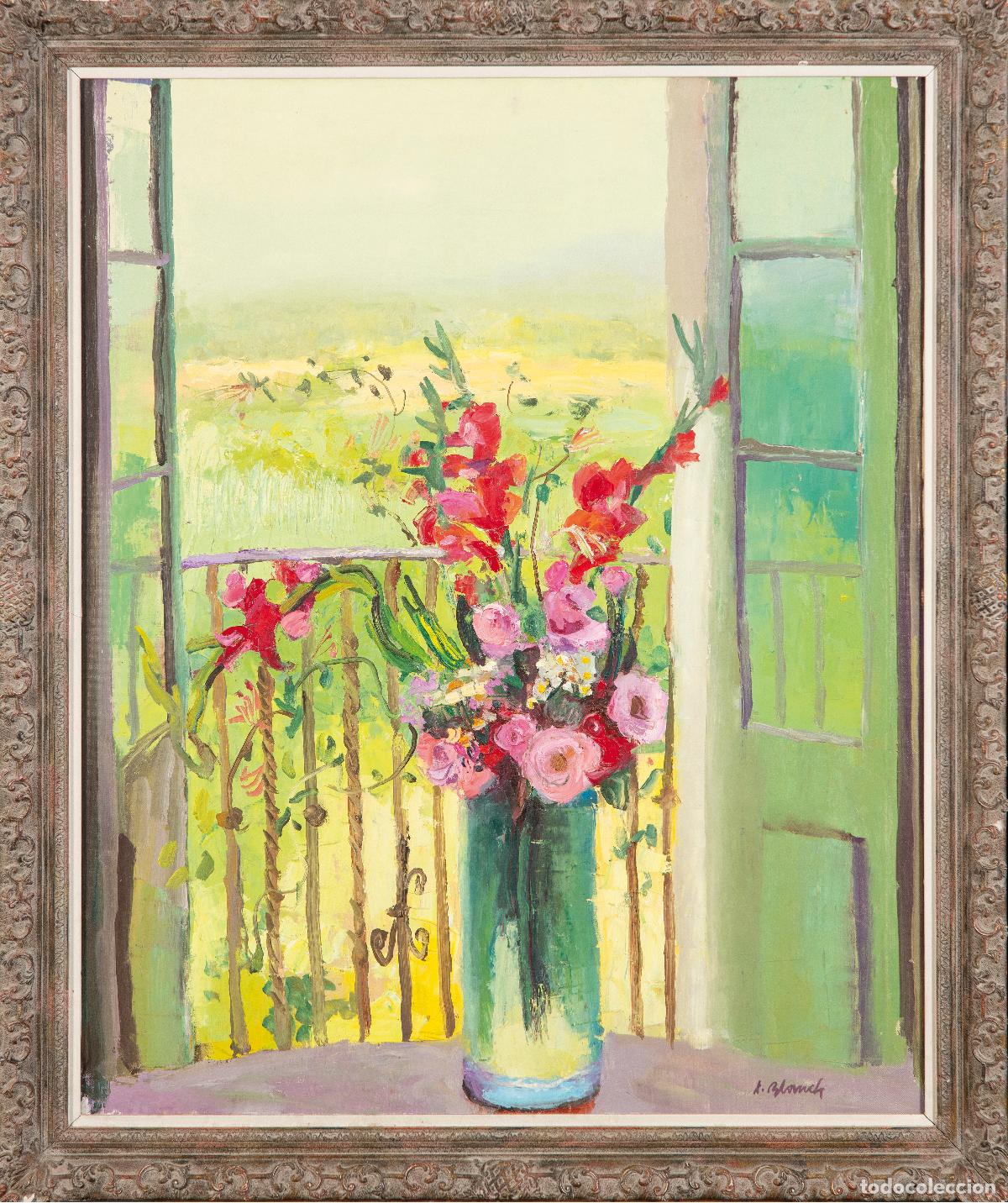 Arte: Florero en el balc&oacute;n &oacute;leo sobre lienzo Xavier Blanch i Pla siglo XX