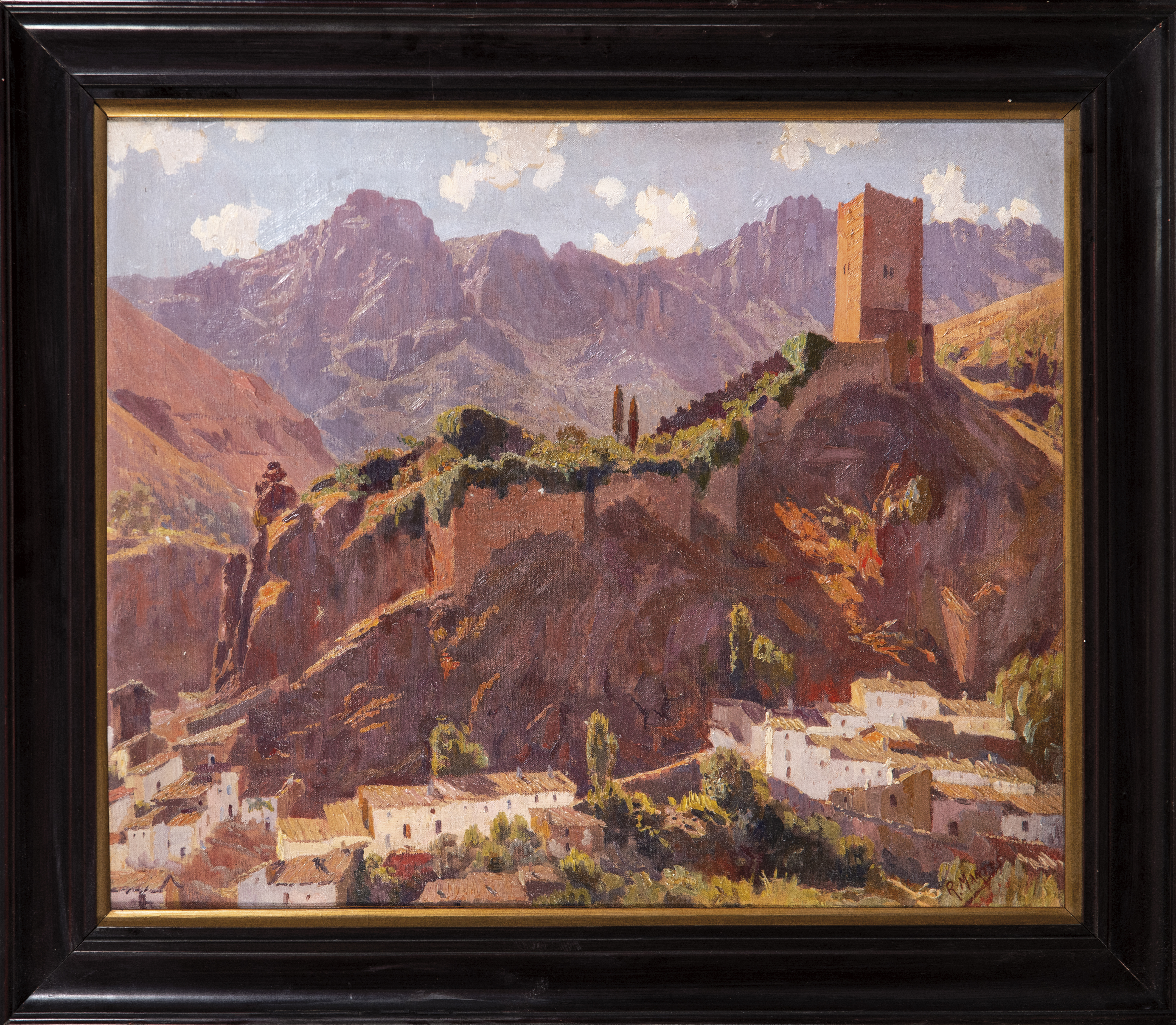 Arte: Paisaje Hornos fortaleza y parroquia de la Asunci&oacute;n &oacute;leo sobre lienzo Rufino Martos Ortiz siglo XX