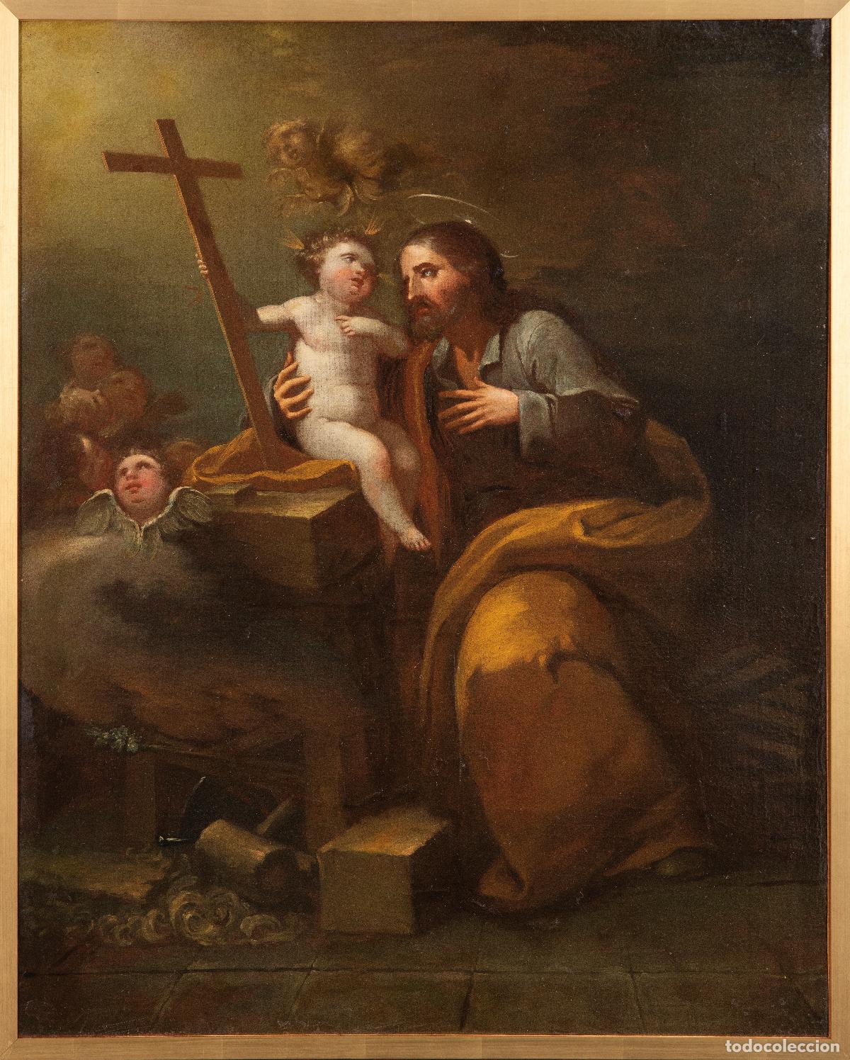 Arte: San Jos&eacute; con el ni&ntilde;o &oacute;leo sobre lienzo escuela madrile&ntilde;a del siglo XVIII
