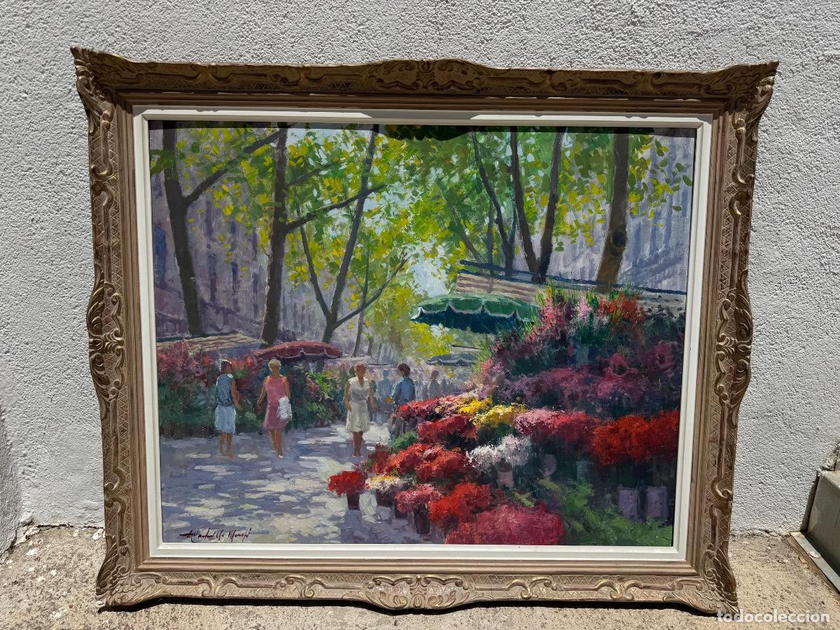 Arte: Oleo lienzo mercado flores rambla Barcelona pintor catal&aacute;n s XX 79x94cms
