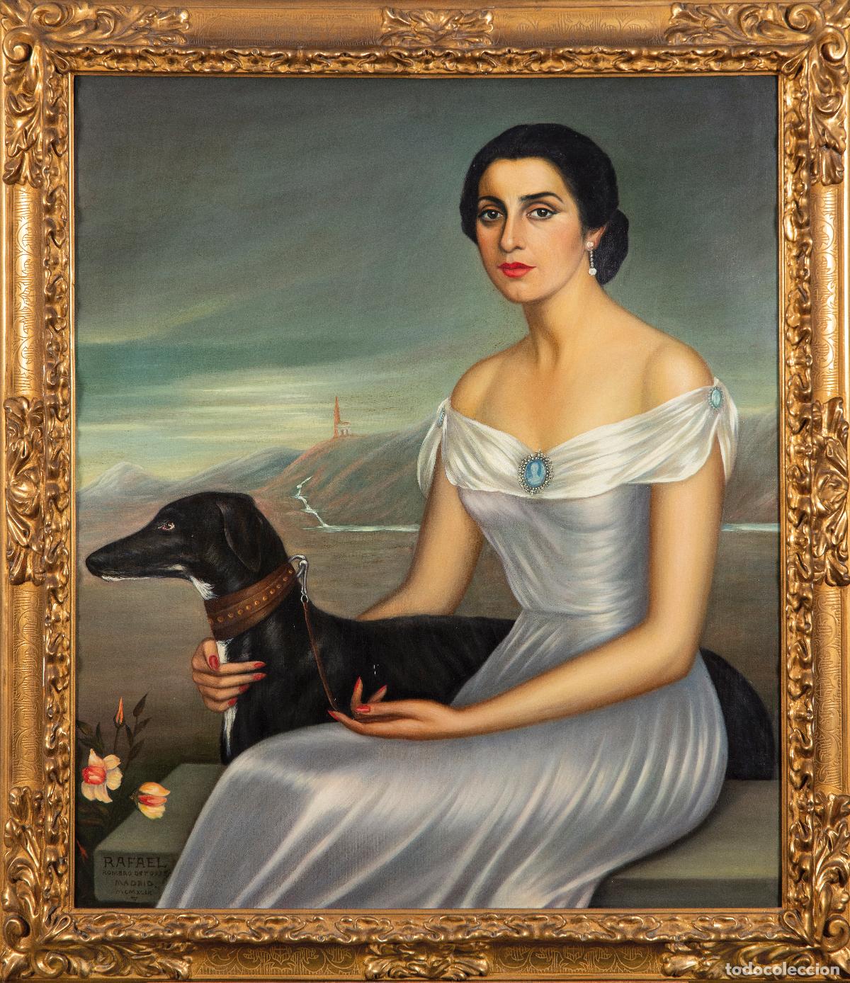 Arte: Retrato de dama con galgo &oacute;leo sobre lienzo Rafael Romero de Torres Pellicer firmado y fechado 1949