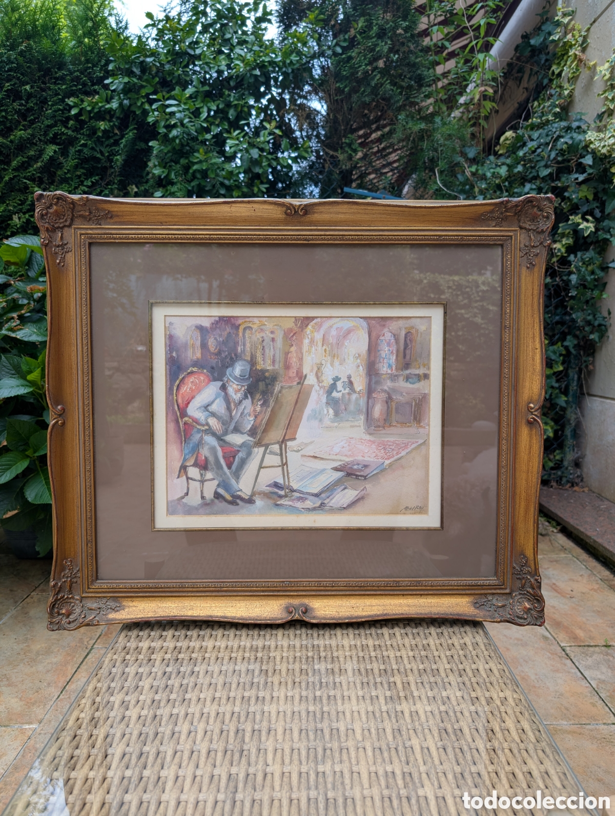 Kunst: Acuarela de Mabel Netzy - Interior de estudio de pintor - Enmarcado - 55x64 cm