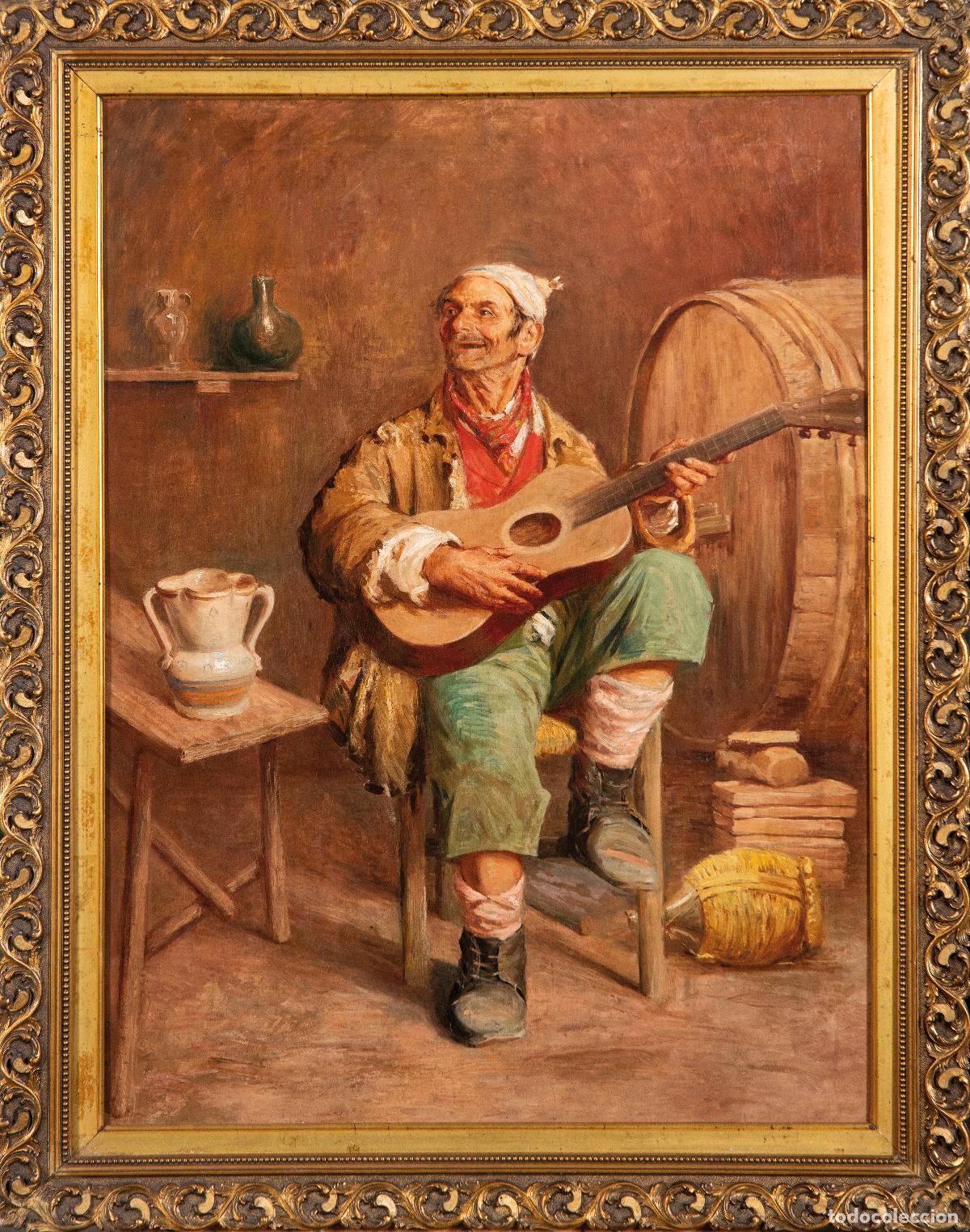 Arte: Retrato anciano con guitarra en la taberna &oacute;leo sobre lienzo escuela espa&ntilde;ola del siglo XIX