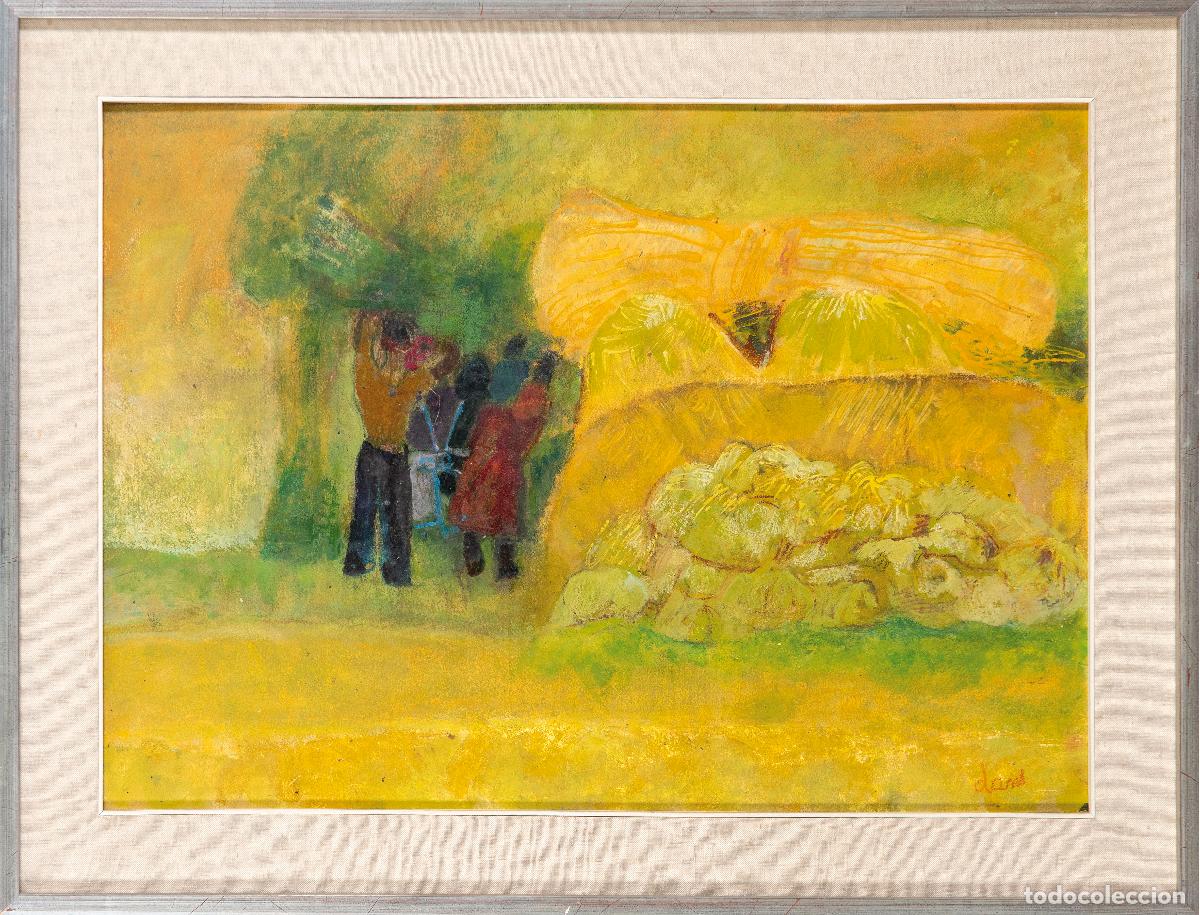 Arte: Escena de campo con campesinos &oacute;leo sobre lienzo adherido a tablex Mar&iacute;a Antonia Dans siglo XX