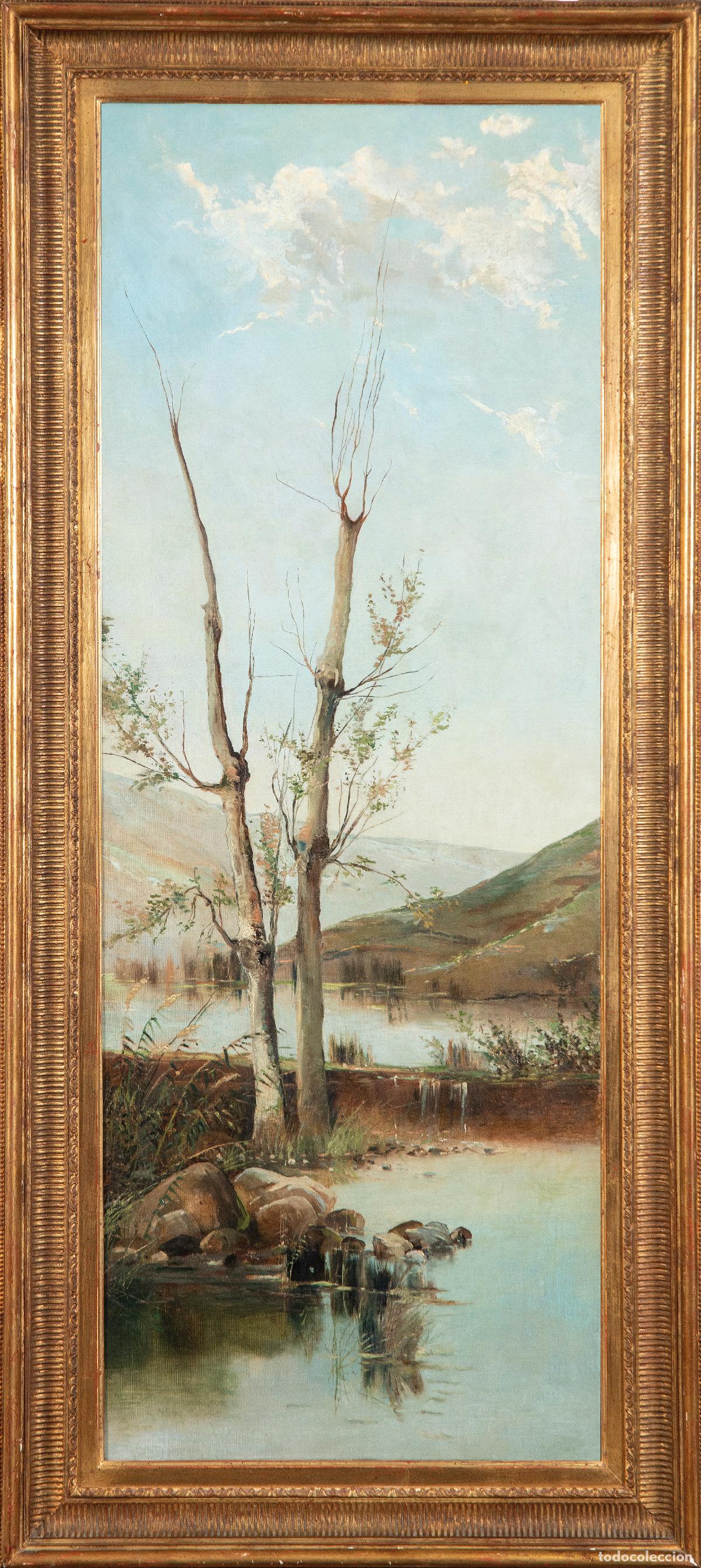 Arte: Paisaje fluvial &oacute;leo sobre lienzo escuela espa&ntilde;ola del siglo XIX