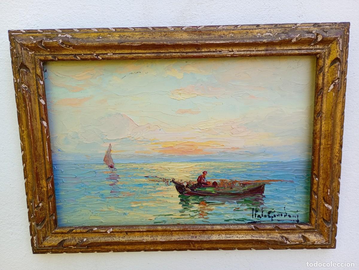 Arte: &Oacute;leo sobre tabla firmado Italo Giordani Marina al atardecer. 43,5 x 29,5 cm. Enmarcado