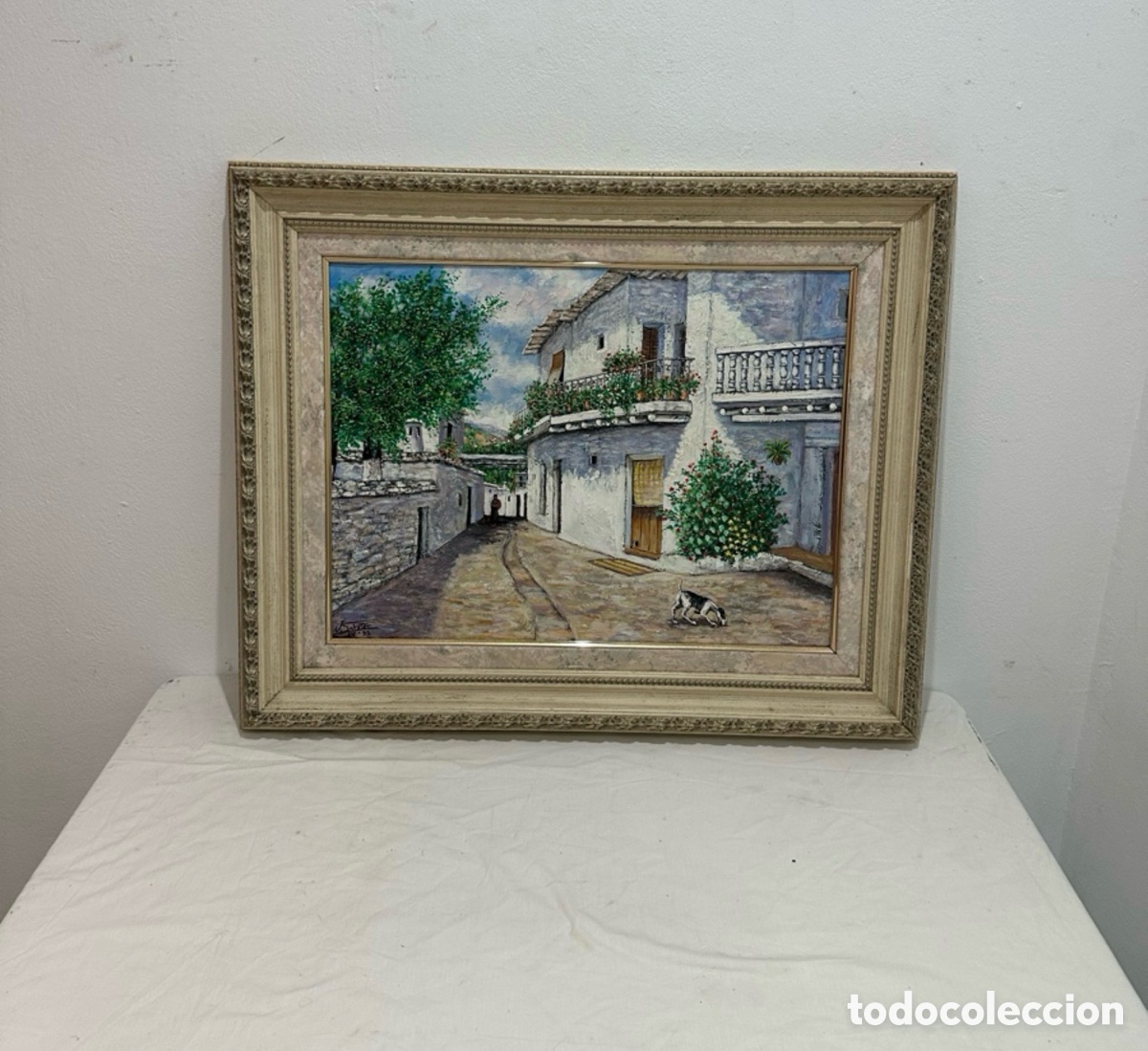 Arte: &Oacute;leo sobre lienzo firmado J. Sabater 1995 Calle de pueblo mediterr&aacute;neo enmarcado