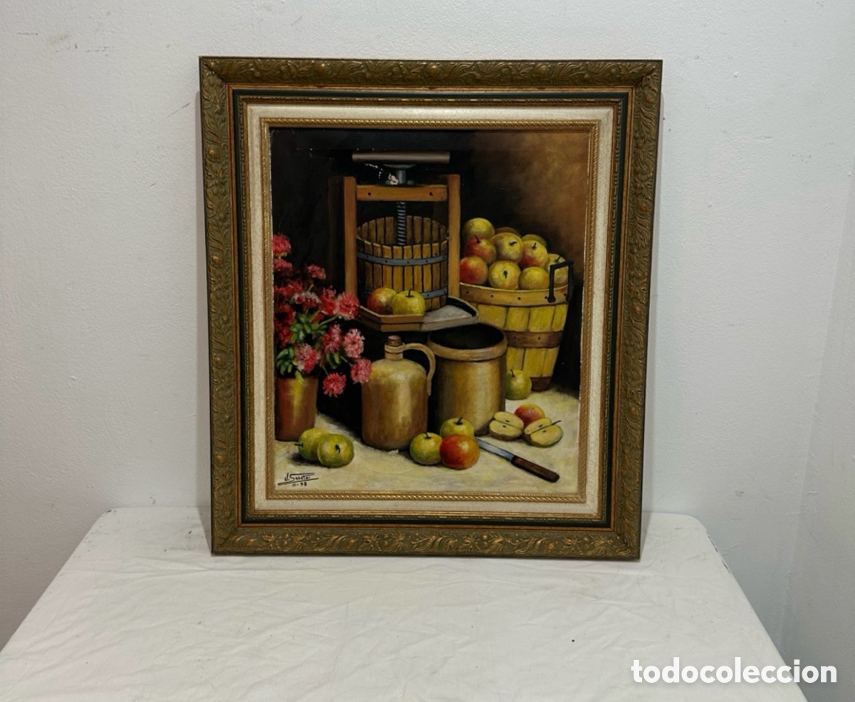 Arte: &Oacute;leo sobre lienzo firmado J. Sabater 1998 Bodeg&oacute;n de manzanas y prensa antigua enmarcado