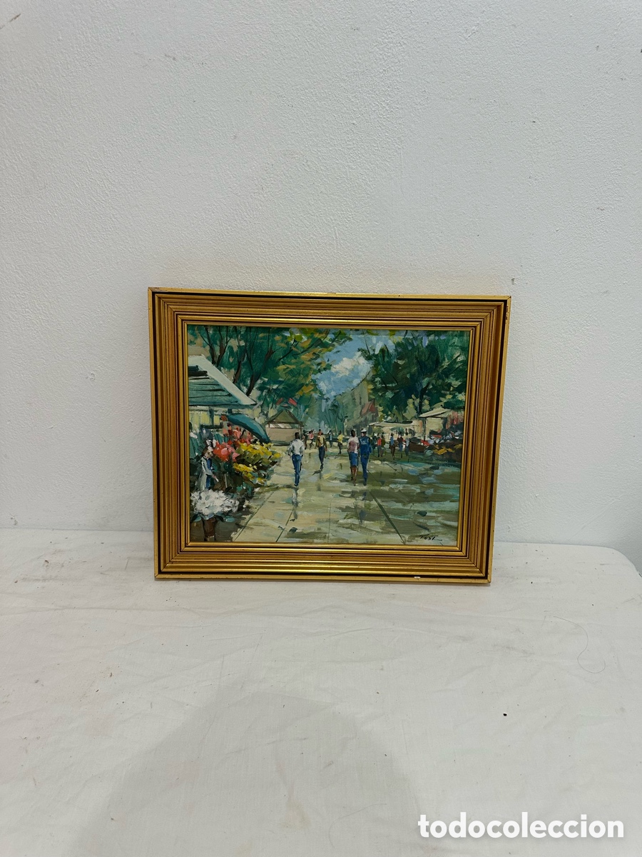Arte: &Oacute;leo sobre lienzo firmado Tosi Escena urbana impresionista enmarcada