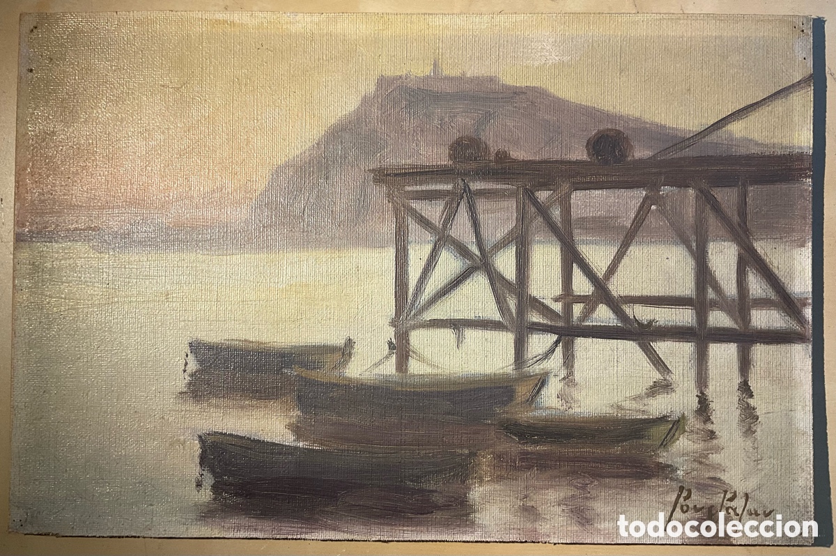 Arte: Antoni Pous Palau &ndash; Vista del Puerto de Barcelona con Montju&iuml;c &ndash; &Oacute;leo sobre lienzo firmado
