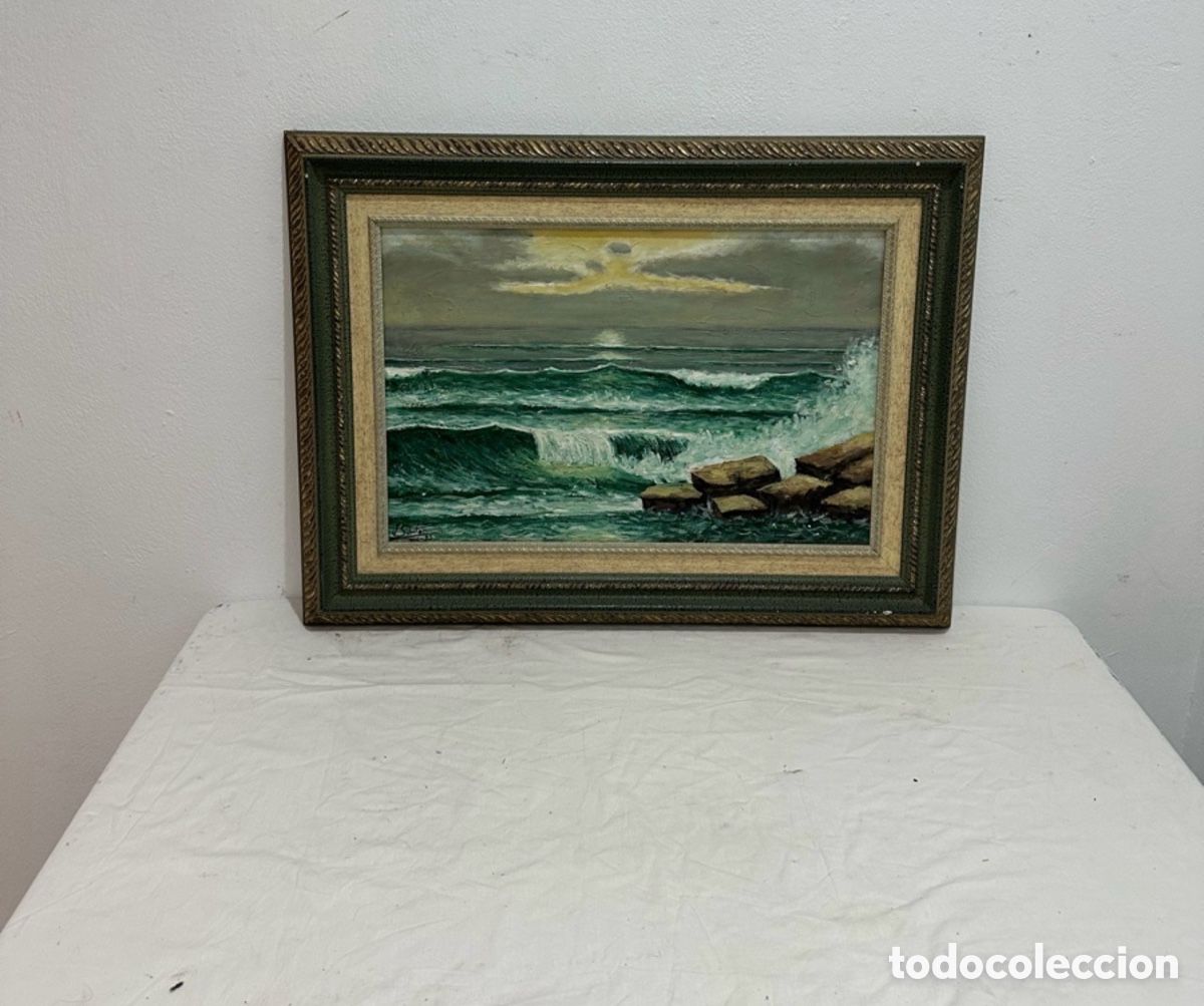 Arte: &Oacute;leo sobre lienzo firmado 1975. Marina con oleaje y rocas. Escuela espa&ntilde;ola siglo XX